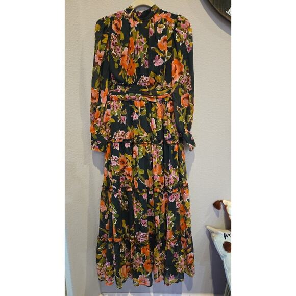 AQUA Women's Floral Deep Green Maxi Dress S Off Shoulder Long Sleeve Romantic - Picture 2 of 15